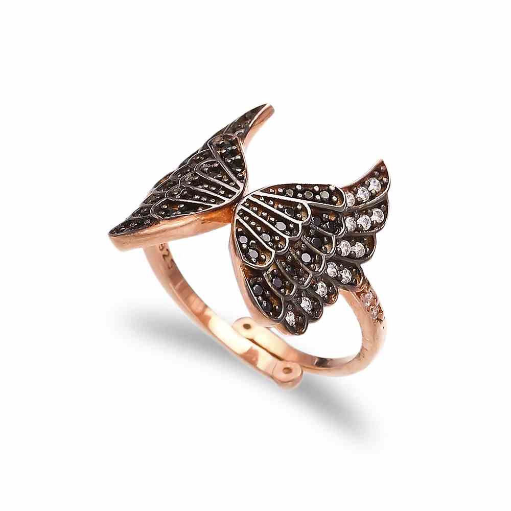 Black Zircon Fairy Wing Design Turkish Wholesale Handcrafted Adjustable Silver Ring Jewelry